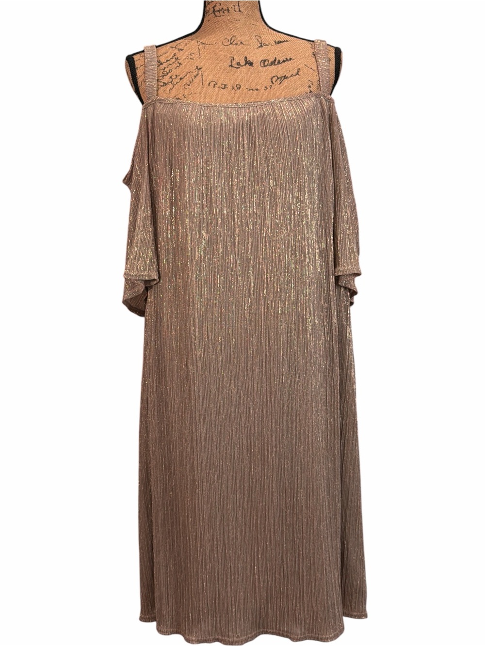 R&M Richards Shimmery Bronze Cold-Shoulder Midi Dress. EC. Size 22W